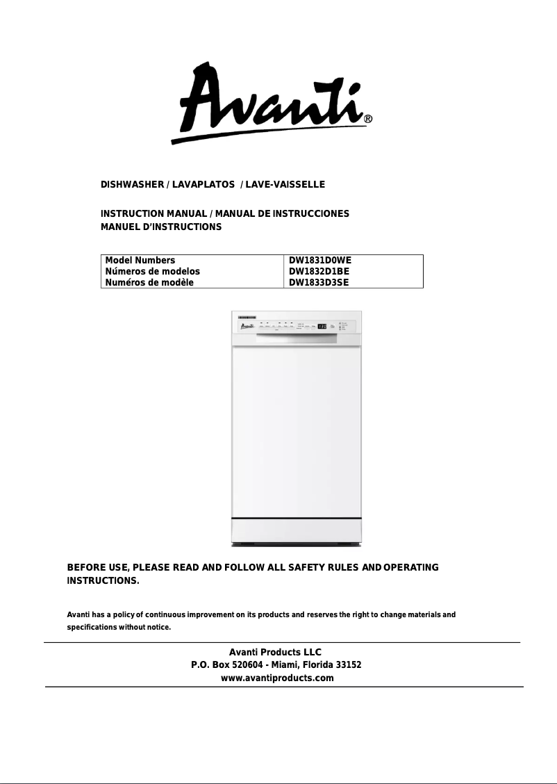 Page n°1 - Manuel utilisateur Avanti DW1833D3SE
