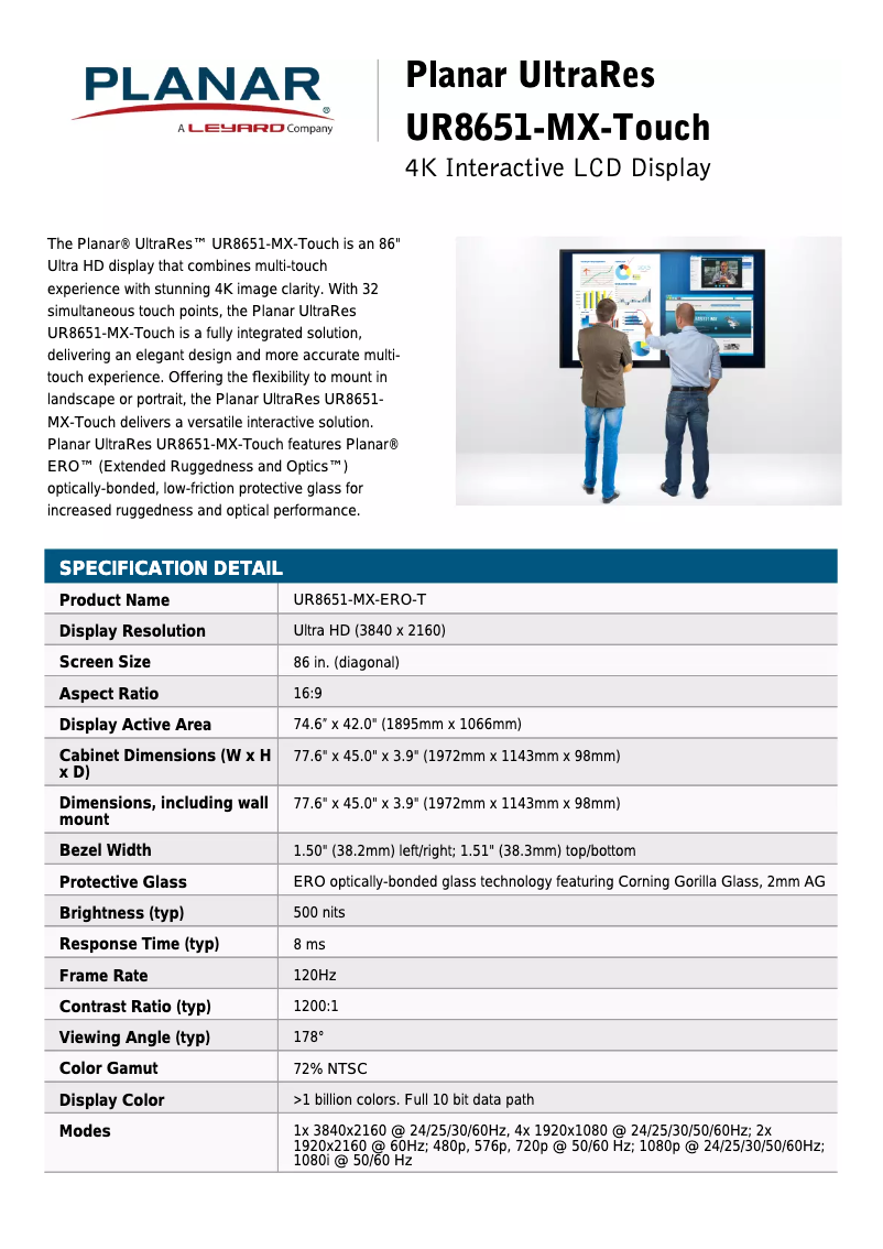 Page 1 de la notice Fiche technique Planar UltraRes UR8651-MX-Touch