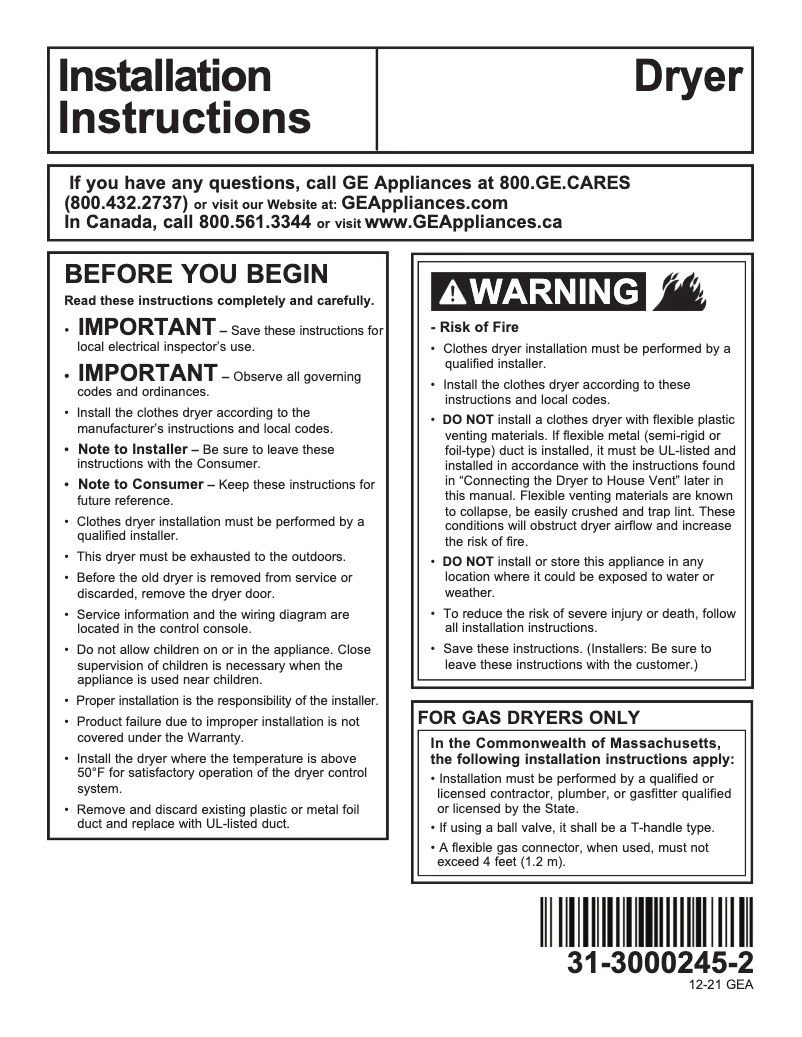 Page n°1 - Guide d'installation GE Profile PTD60EBSRWS