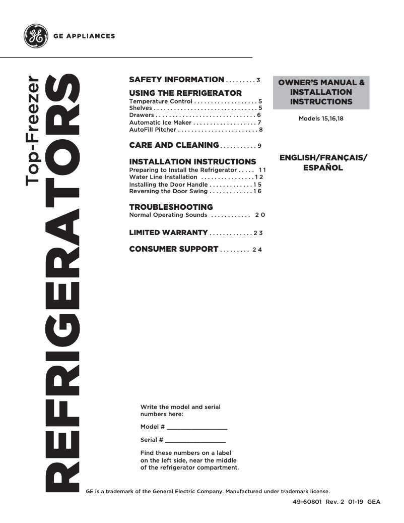 Page 1 de la notice Manuel d'utilisation et d'entretien GE GTE18LSHSS