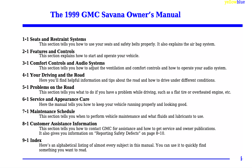 Page 1 de la notice Manuel utilisateur GMC Savana Passenger (1999)
