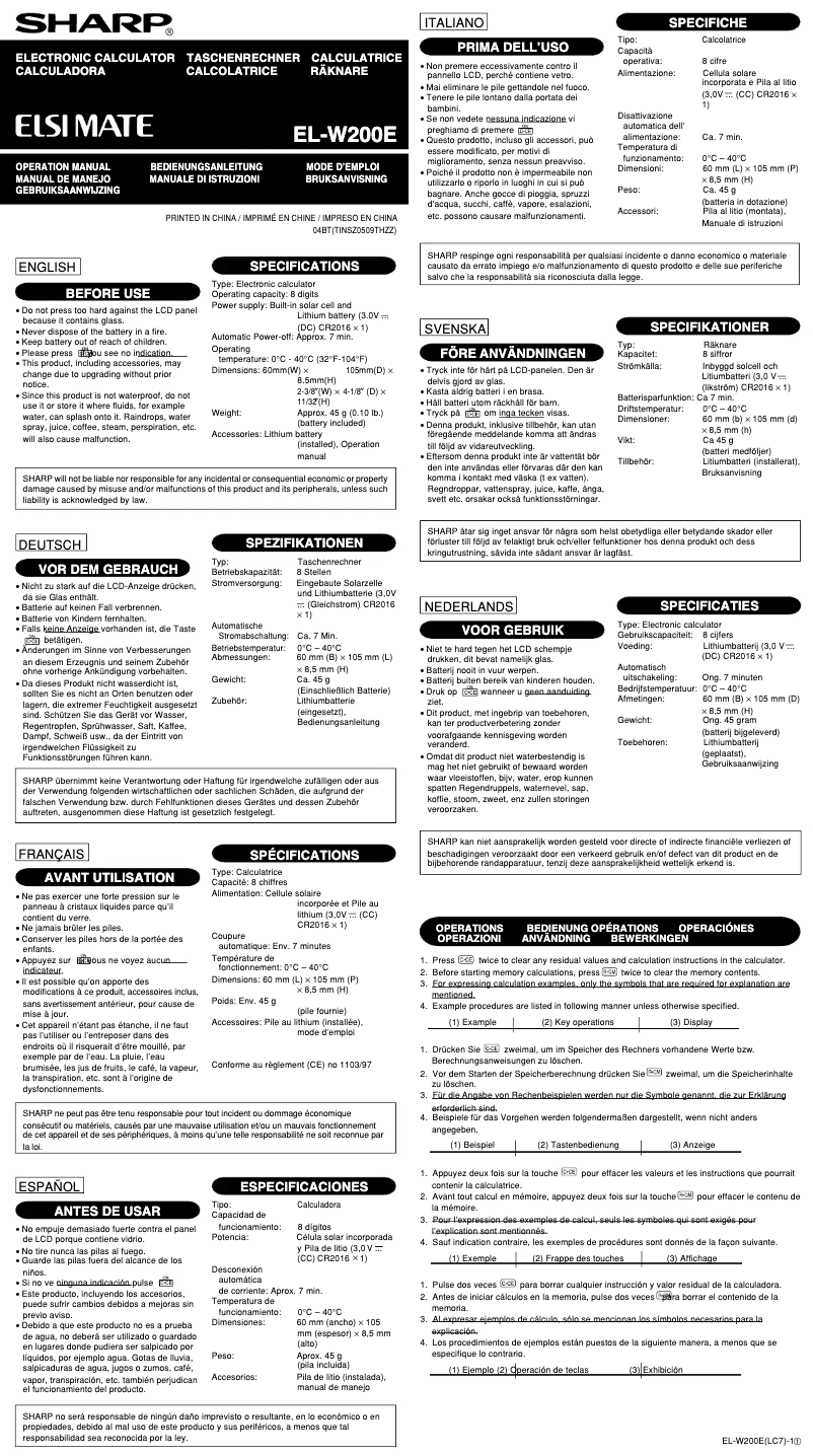 Page 1 de la notice Manuel utilisateur Sharp EL-W200E