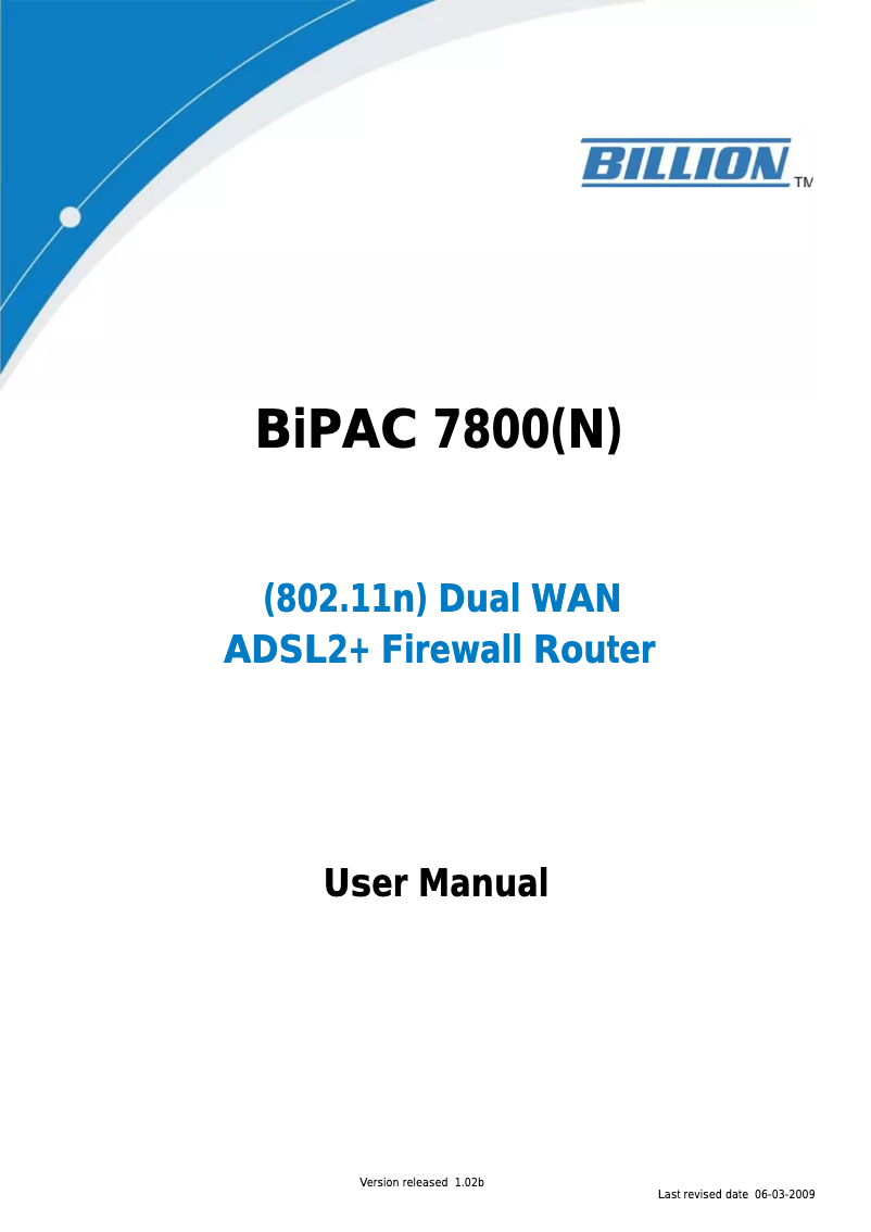 Page 1 de la notice Manuel utilisateur Billion BiPAC 7800N