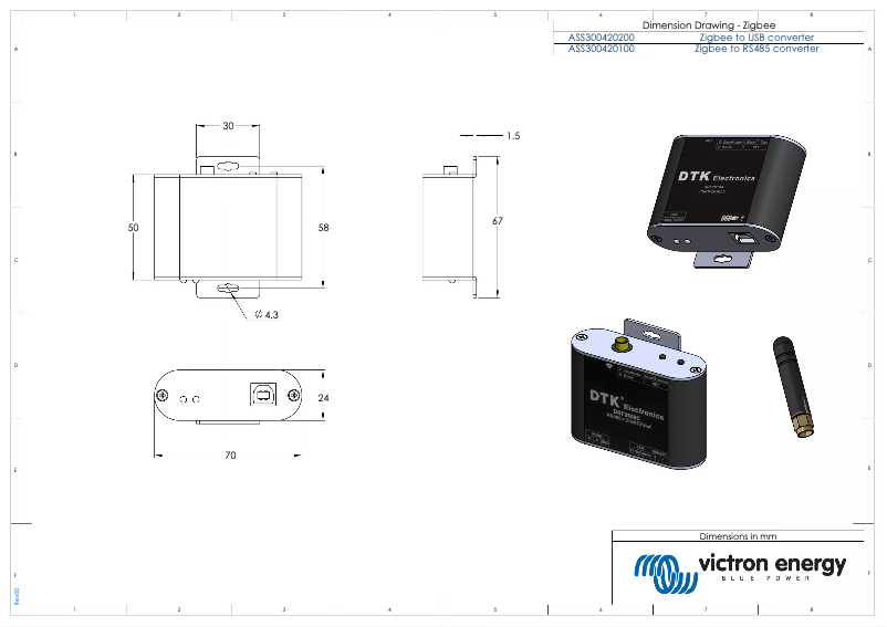 Page 1 de la notice Dessin technique Victron Energy Zigbee