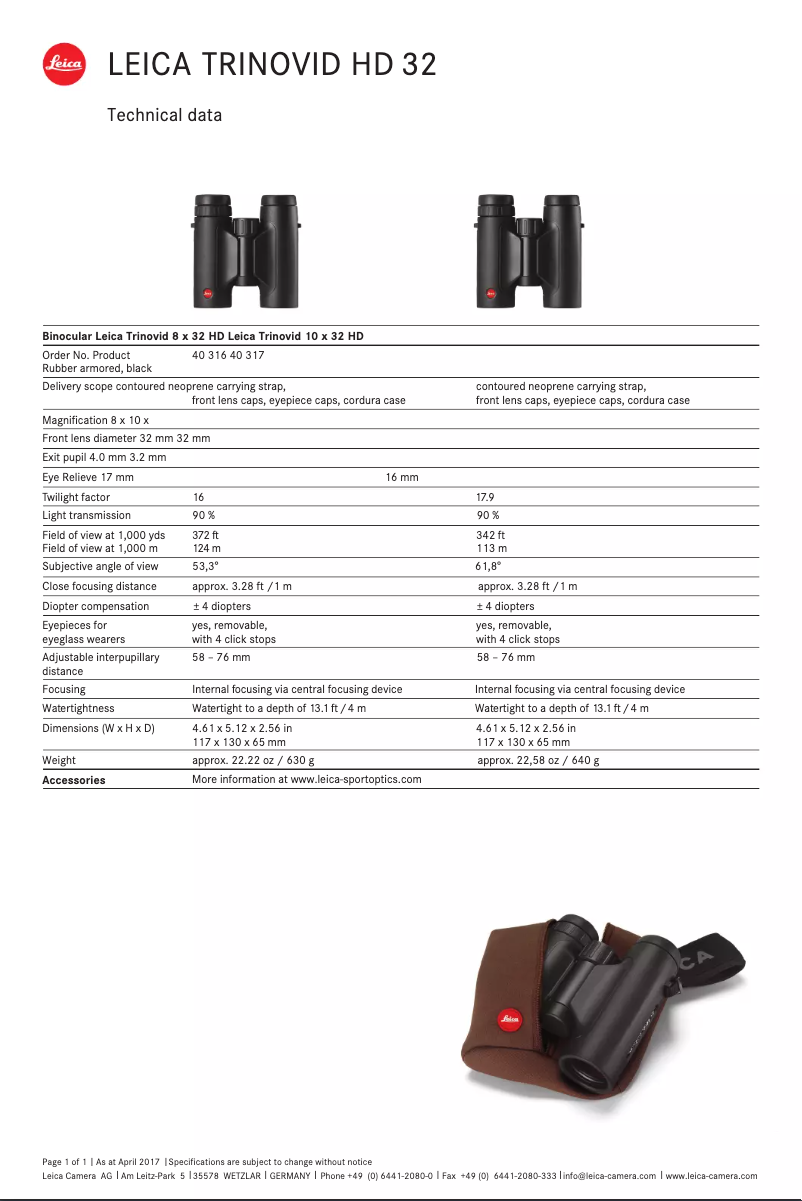 Page 1 of the manual Technical Sheet Leica Trinovid 8x32 HD