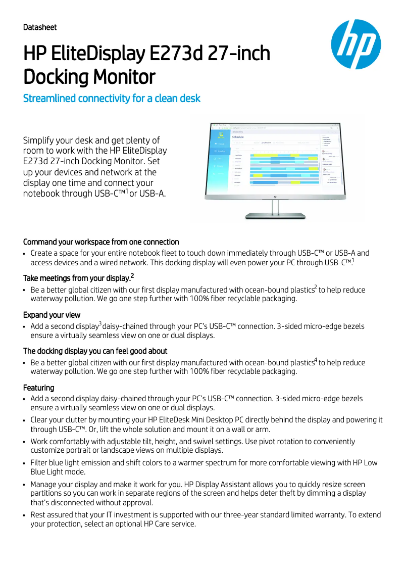 Page 1 de la notice Fiche technique HP EliteDisplay E273d