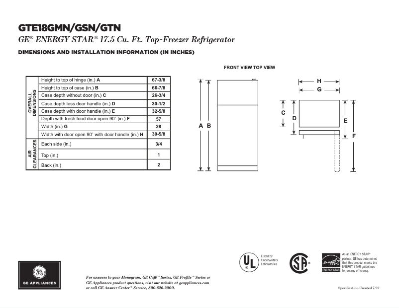Page 1 de la notice Fiche technique GE GTE18GTNRWW