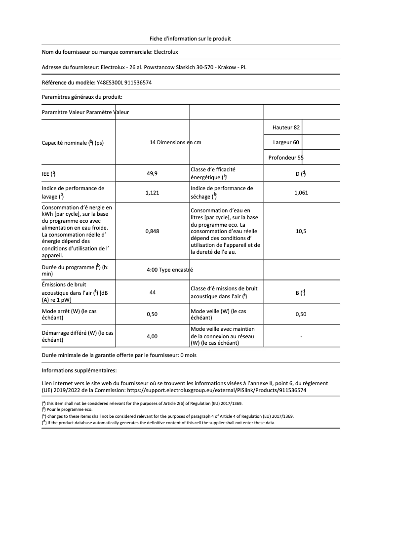 Page 1 de la notice Fiche technique Electrolux Y48ES300L