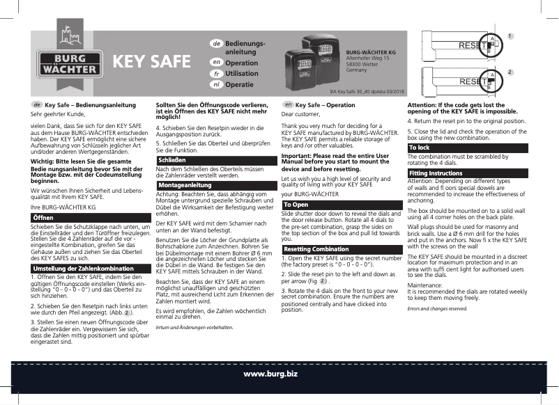 Imagen de la primera página del manual del dispositivo Key Safe 30 SB