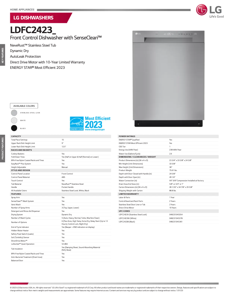 Page 1 de la notice Fiche technique LG LDFC2423W