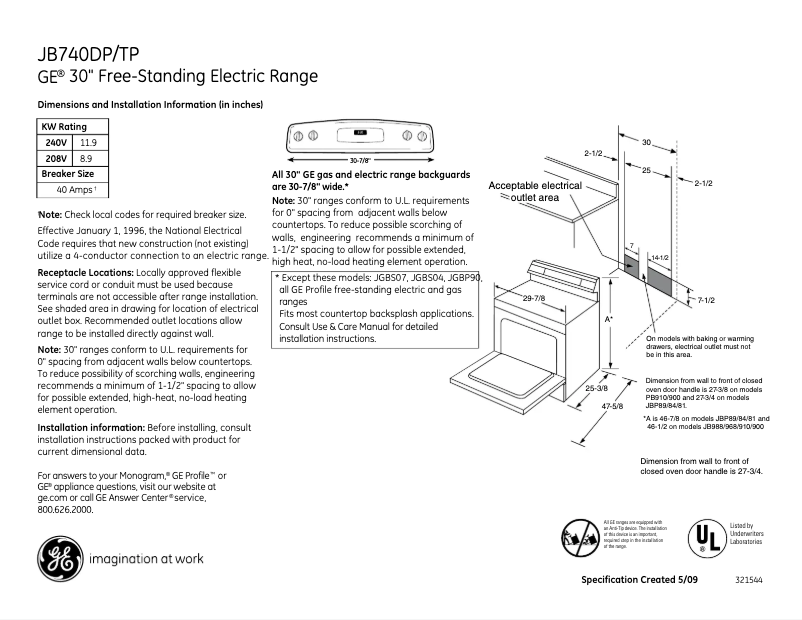 Page n°1 - Fiche technique GE JB740TPWW