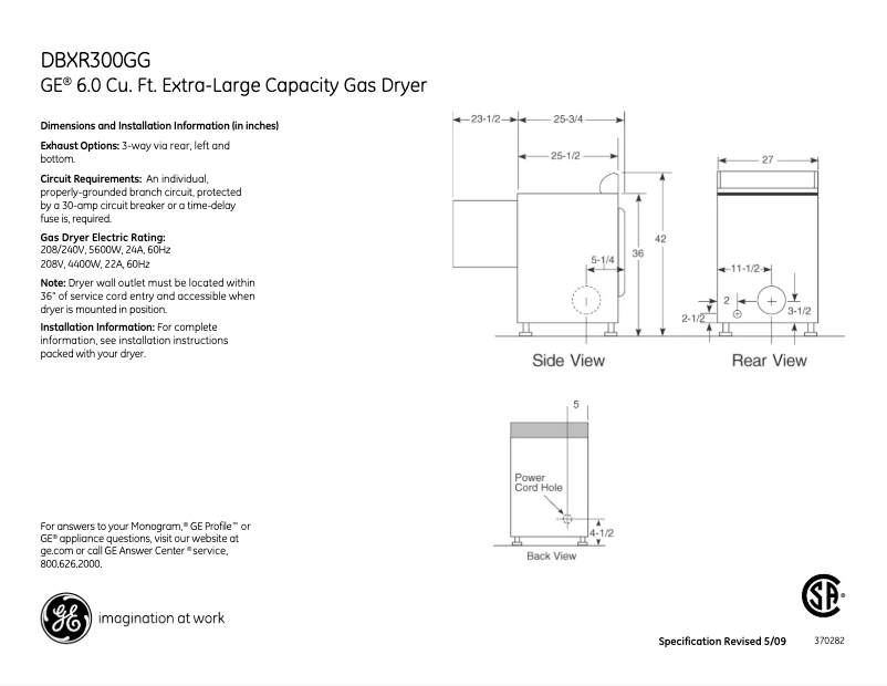 Page 1 of the manual Technical Sheet GE DBXR300GGWS