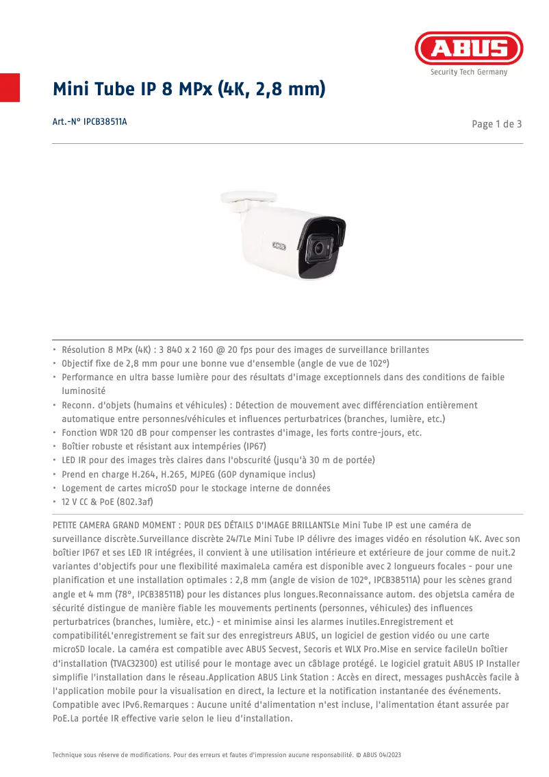 Page n°1 - Fiche technique Abus IPCB38511A