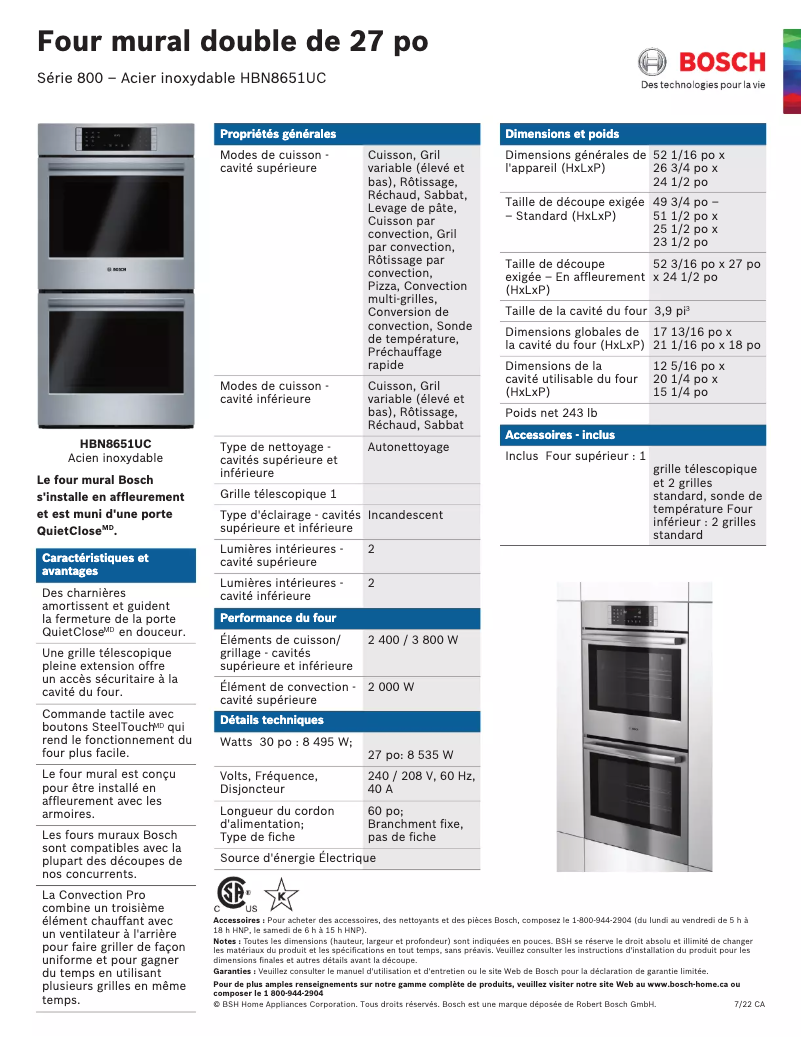 Page 1 de la notice Fiche technique Bosch HBN8651UC