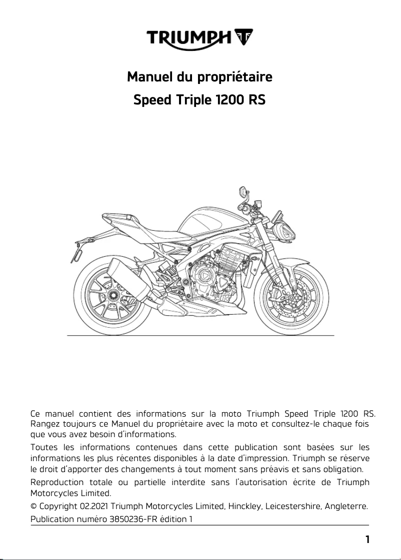 Page 1 de la notice Manuel utilisateur Triumph Speed Triple 1200 RS