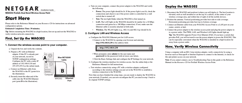 Page 1 de la notice Guide d'installation Netgear ProSafe WAG302