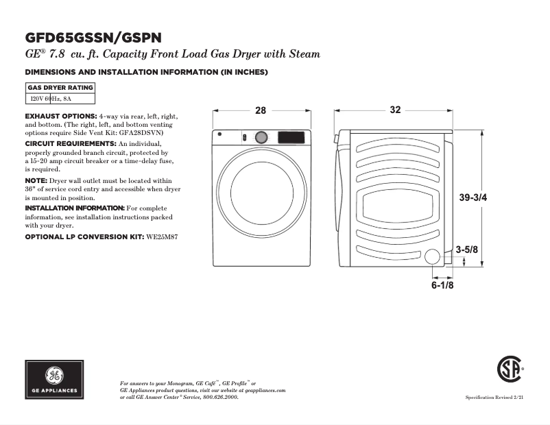 Page 1 of the manual Technical Sheet GE GFD65GSPNSN