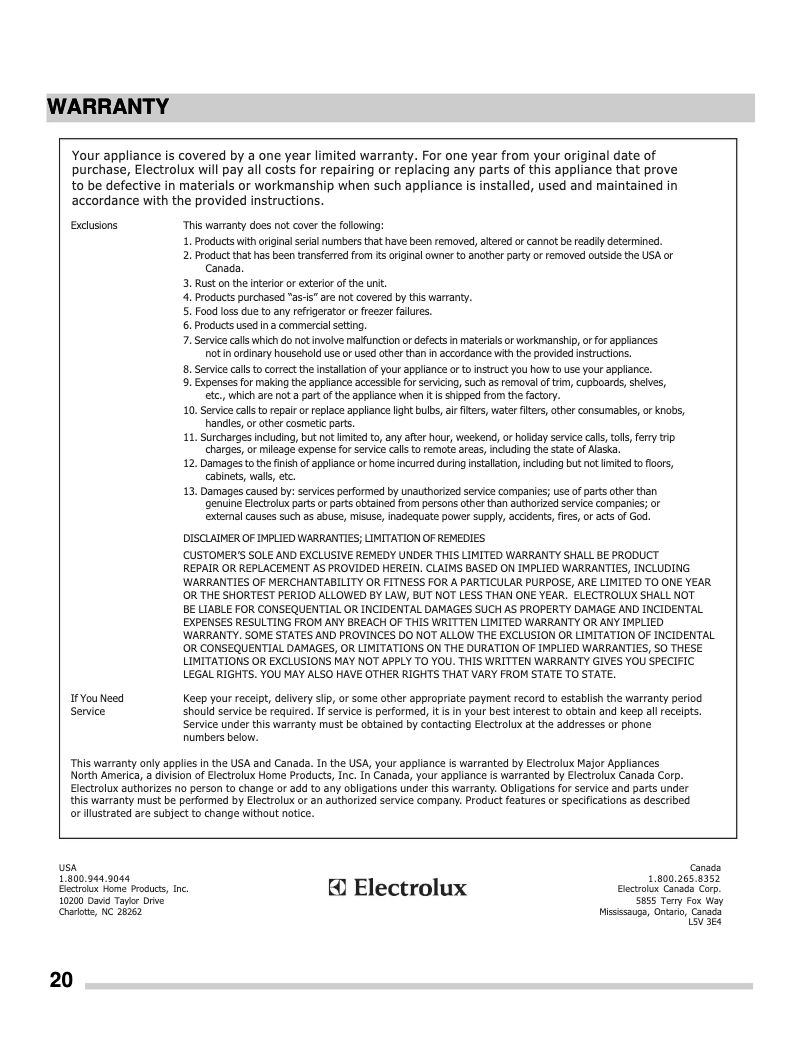 Page n°1 - Informations de garantie Frigidaire FFGC3026SB