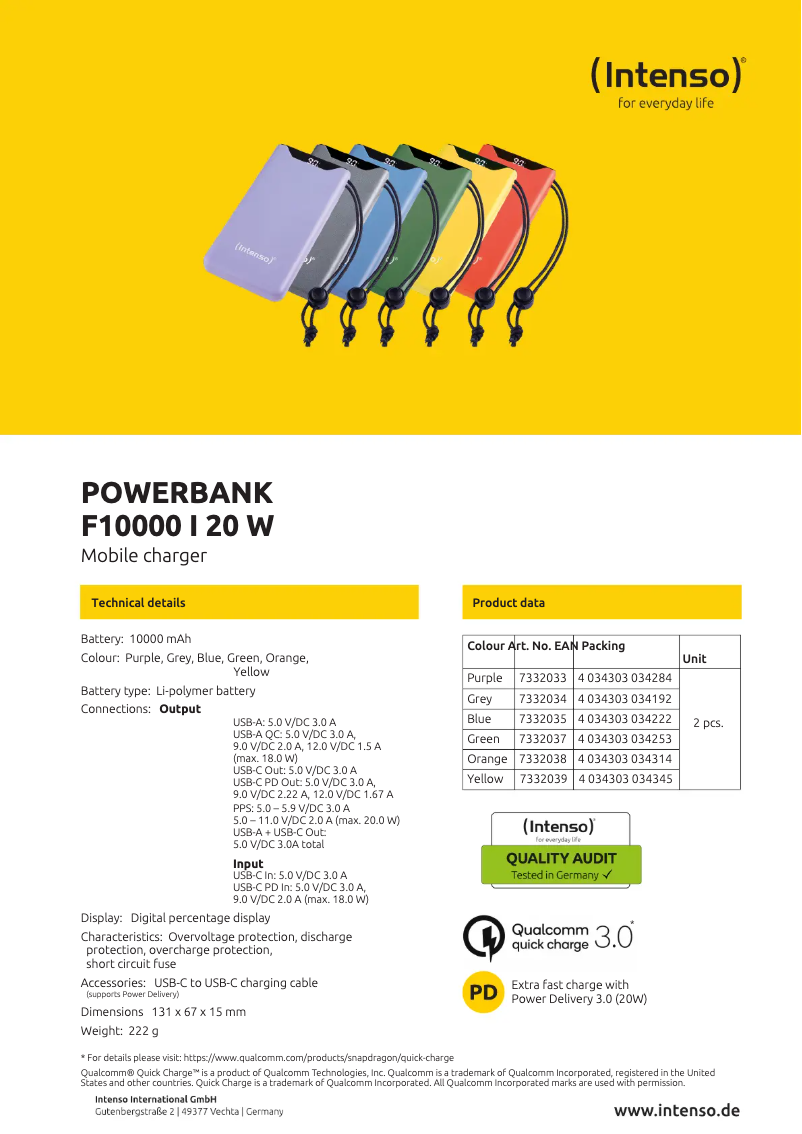 Page 1 de la notice Fiche technique Intenso F10000