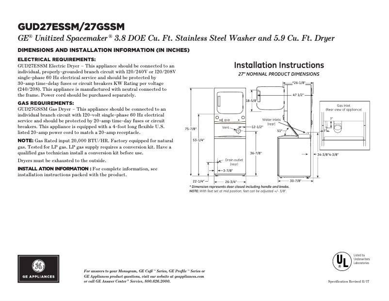 Page 1 de la notice Fiche technique GE GUD27GSSMWW