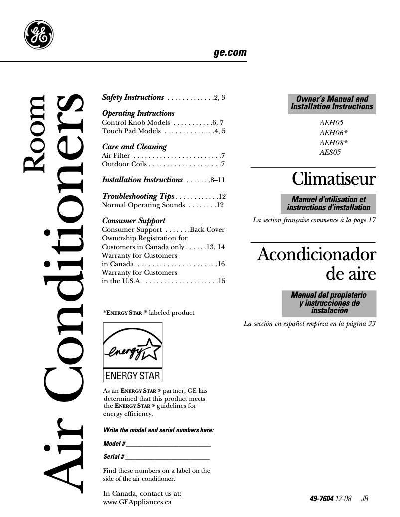 Page 1 de la notice Guide d'installation GE AEH06LM