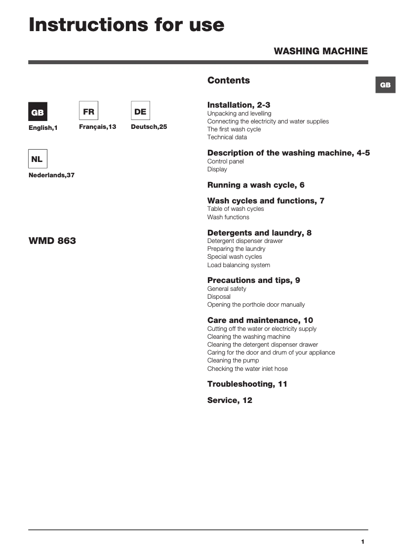 Page n°1 - Manuel utilisateur Hotpoint Ariston WMD 863B