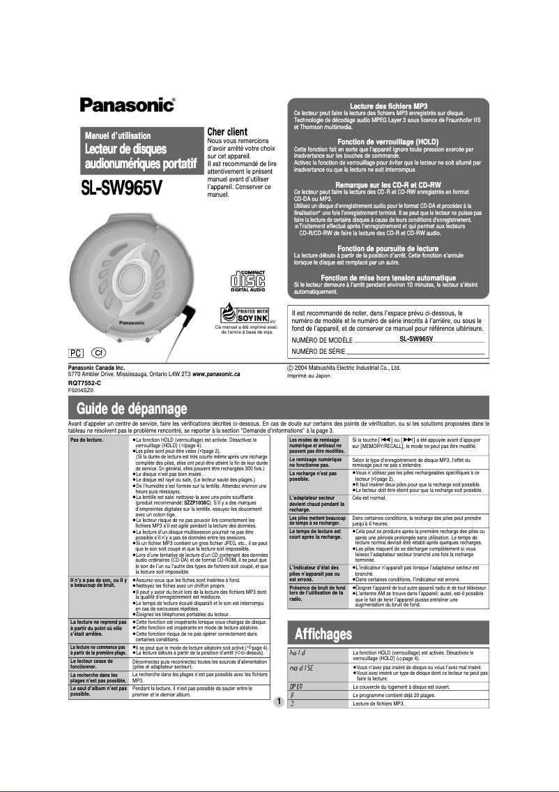 Page n°1 - Manuel utilisateur Panasonic SL-SW965