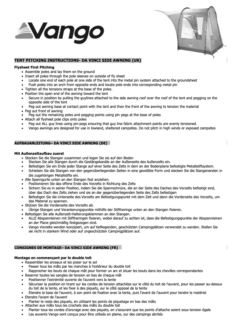 Page n°1 - Manuel utilisateur Vango Da Vinci 400