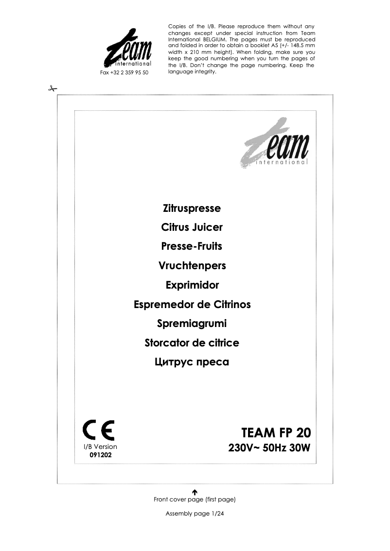 Page 1 de la notice Manuel utilisateur Team FP 20