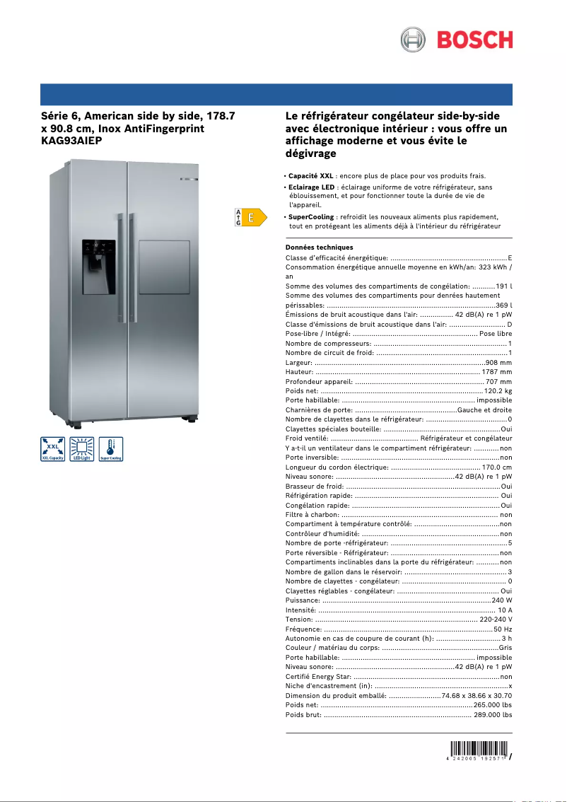 Page n°1 - Fiche technique Bosch KAG93AIEP