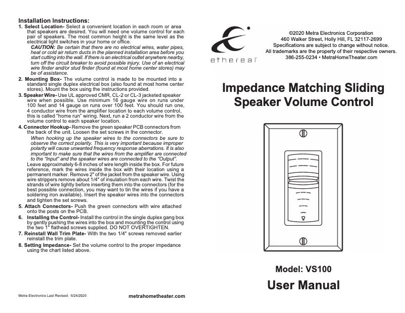 Página 1 del manual Manual de usuario Metra ethereal VS100