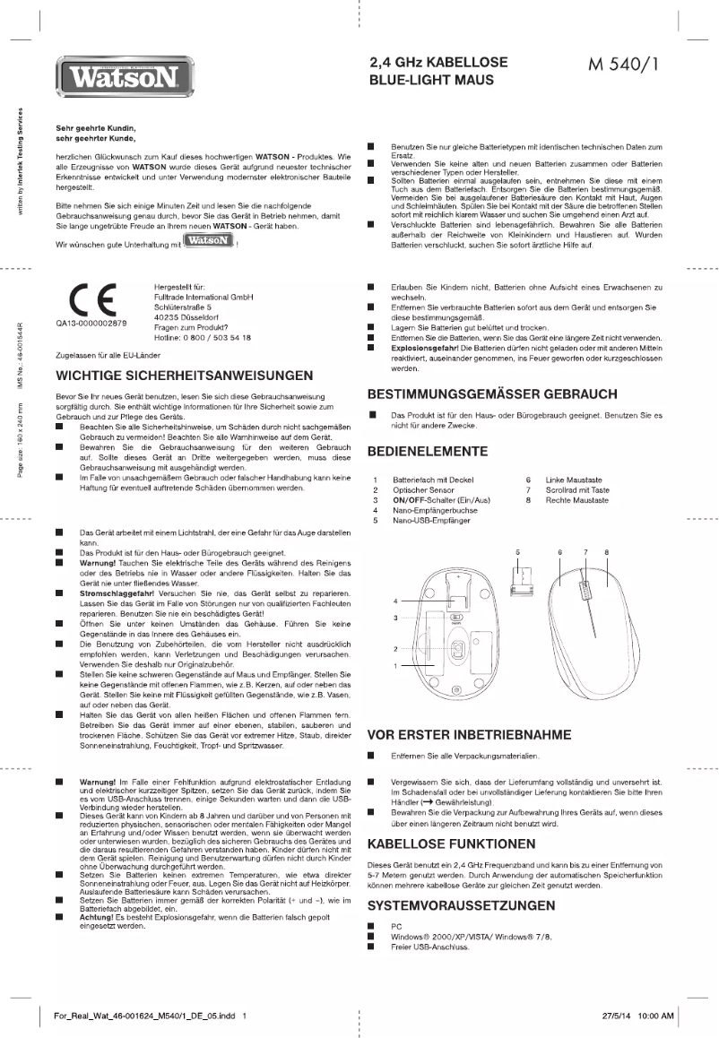 Page n°1 - Manuel utilisateur Watson M 540/1