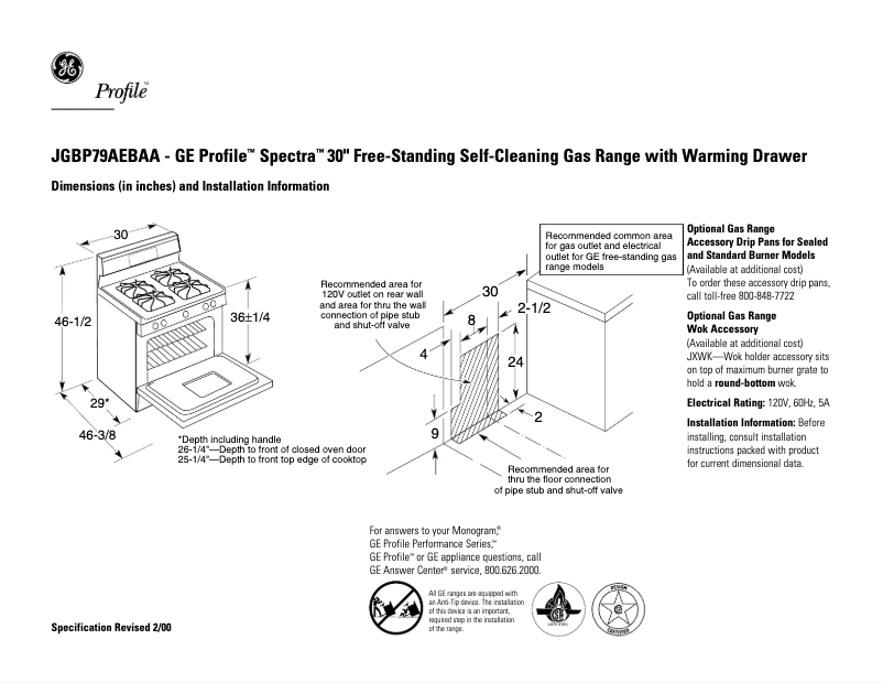 Page 1 de la notice Fiche technique GE Profile Spectra JGBP79AEBAA