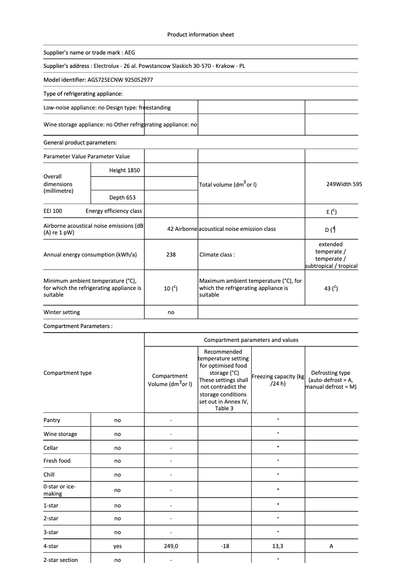 Page n°1 - Fiche technique AEG AGS725ECNW