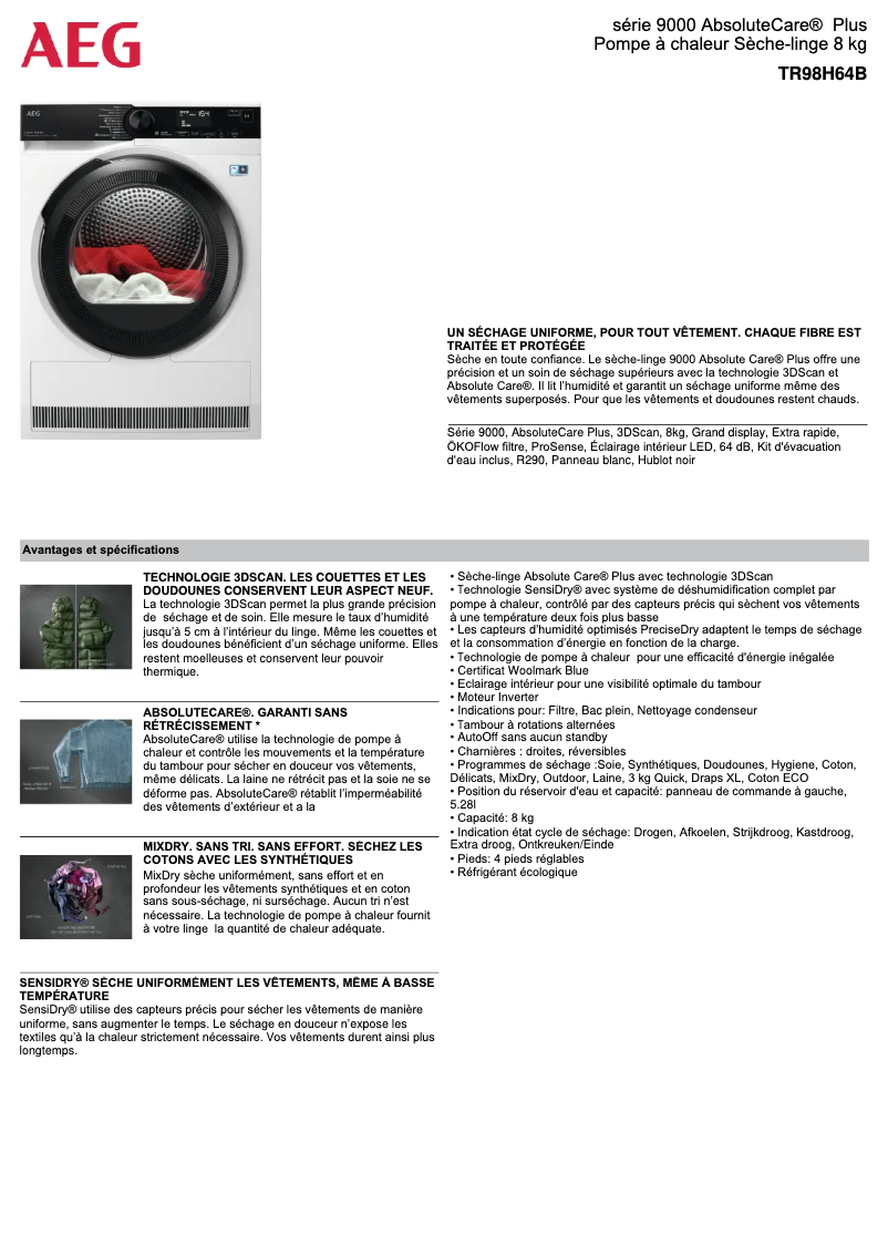 Page 1 de la notice Fiche technique AEG TR98H64B