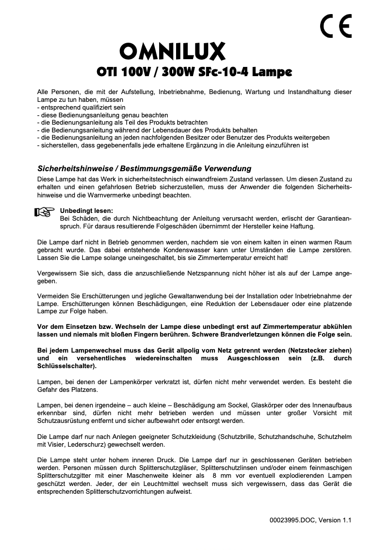 Page 1 de la notice Manuel utilisateur Omnilux OTI 100V