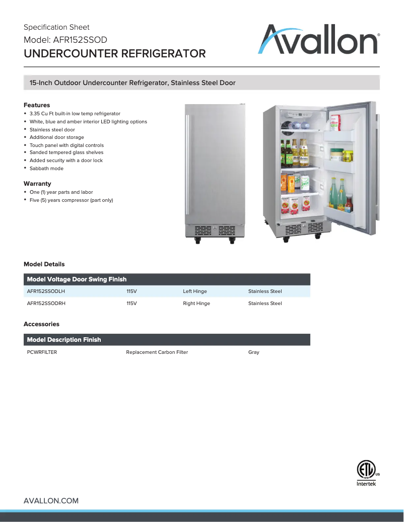 Page 1 de la notice Fiche technique Avallon AFR152SSODLH