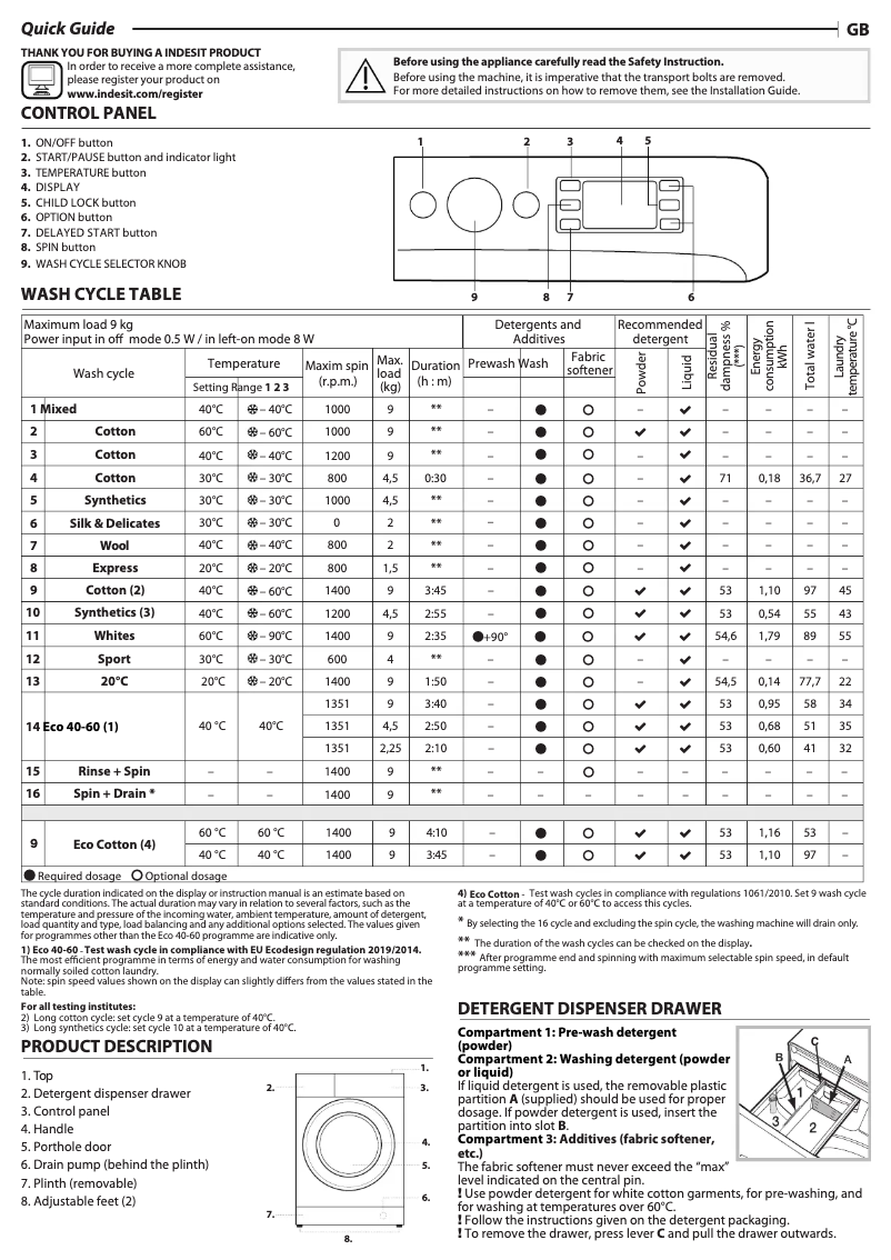 Page 1 de la notice Fiche technique Indesit MTWE 91483 W UK