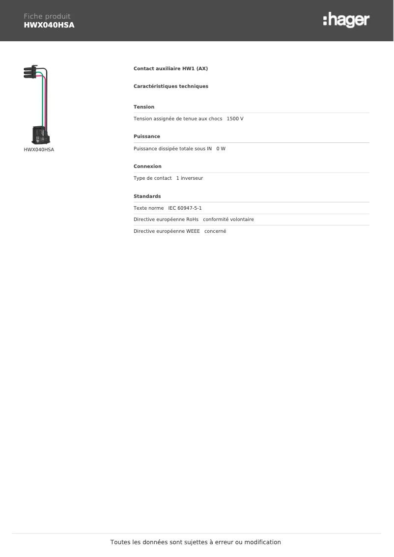 Page 1 de la notice Manuel utilisateur Hager HWX040HSA