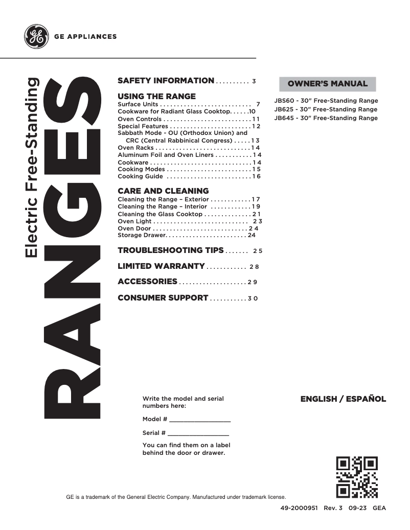 Page n°1 - Manuel utilisateur GE JB645RKSS