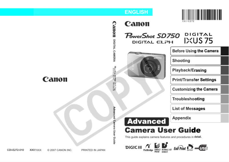 Page 1 de la notice Manuel utilisateur Canon PowerShot SD750