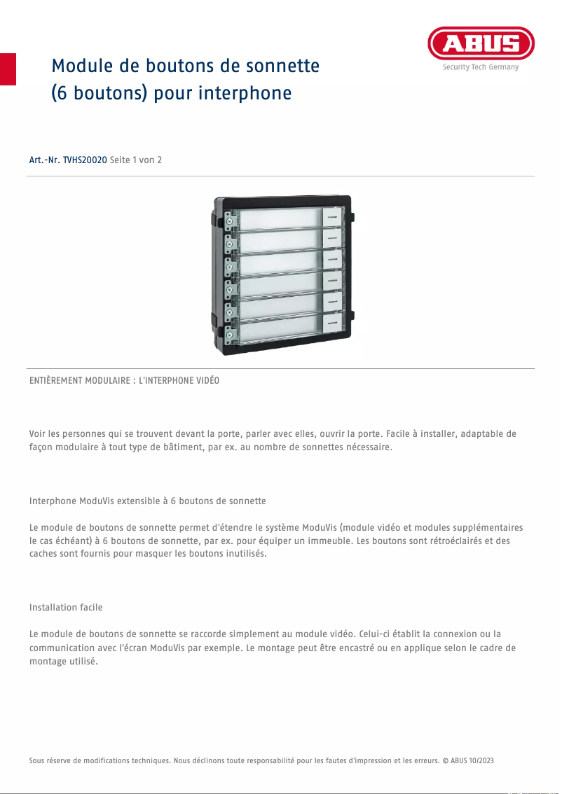 Page n°1 - Fiche technique Abus TVHS20020