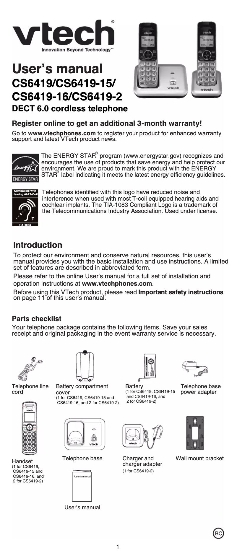 Página 1 del manual Manual de usuario Vtech CS6419-15