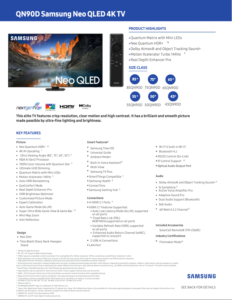 Page 1 de la notice Fiche technique Samsung QN50QN90DAF