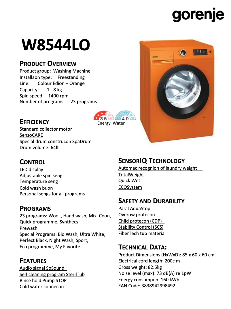 Page 1 de la notice Fiche technique Gorenje W8544LO