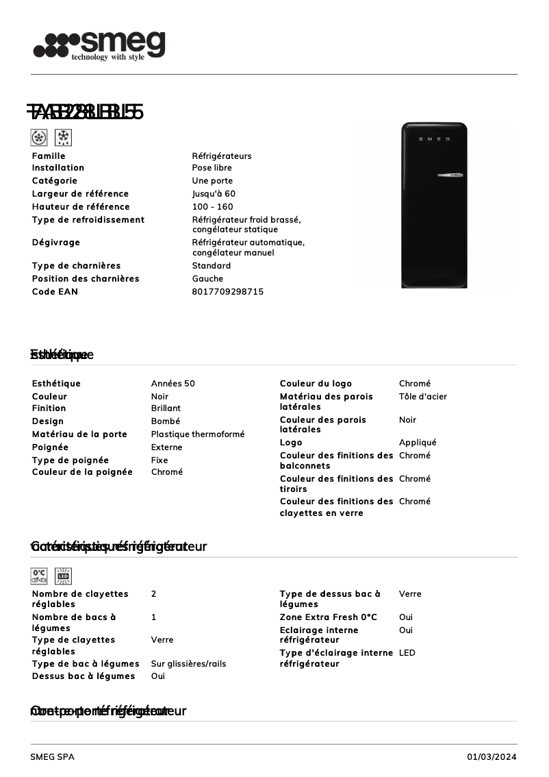 Page n°1 - Fiche technique Smeg FAB28LBL5