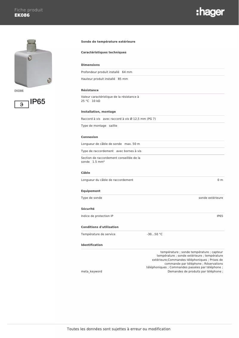 Page 1 de la notice Fiche technique Hager EK086