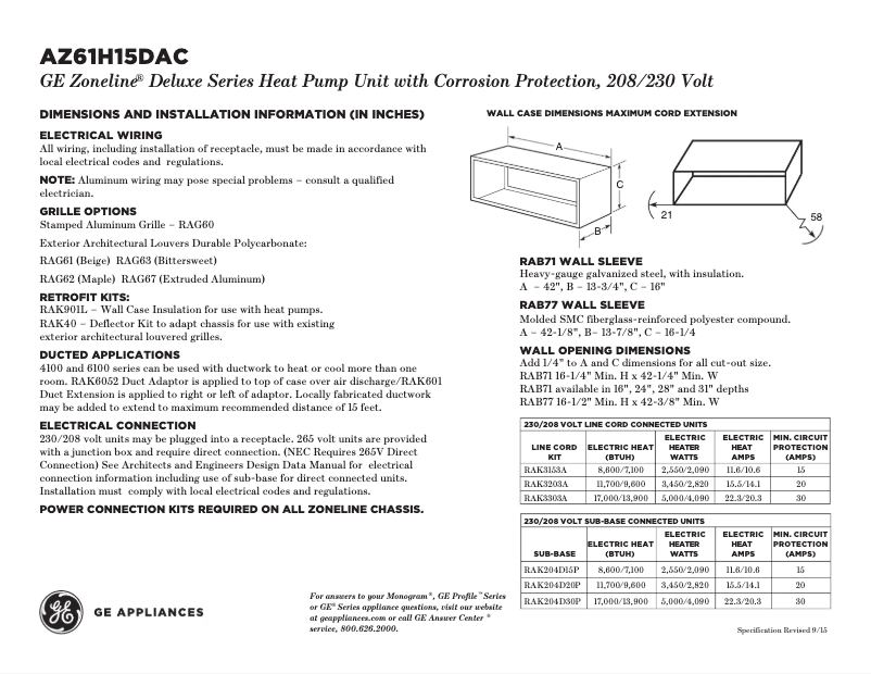 Page 1 of the manual Technical Sheet GE AZ61H15DAC Zoneline