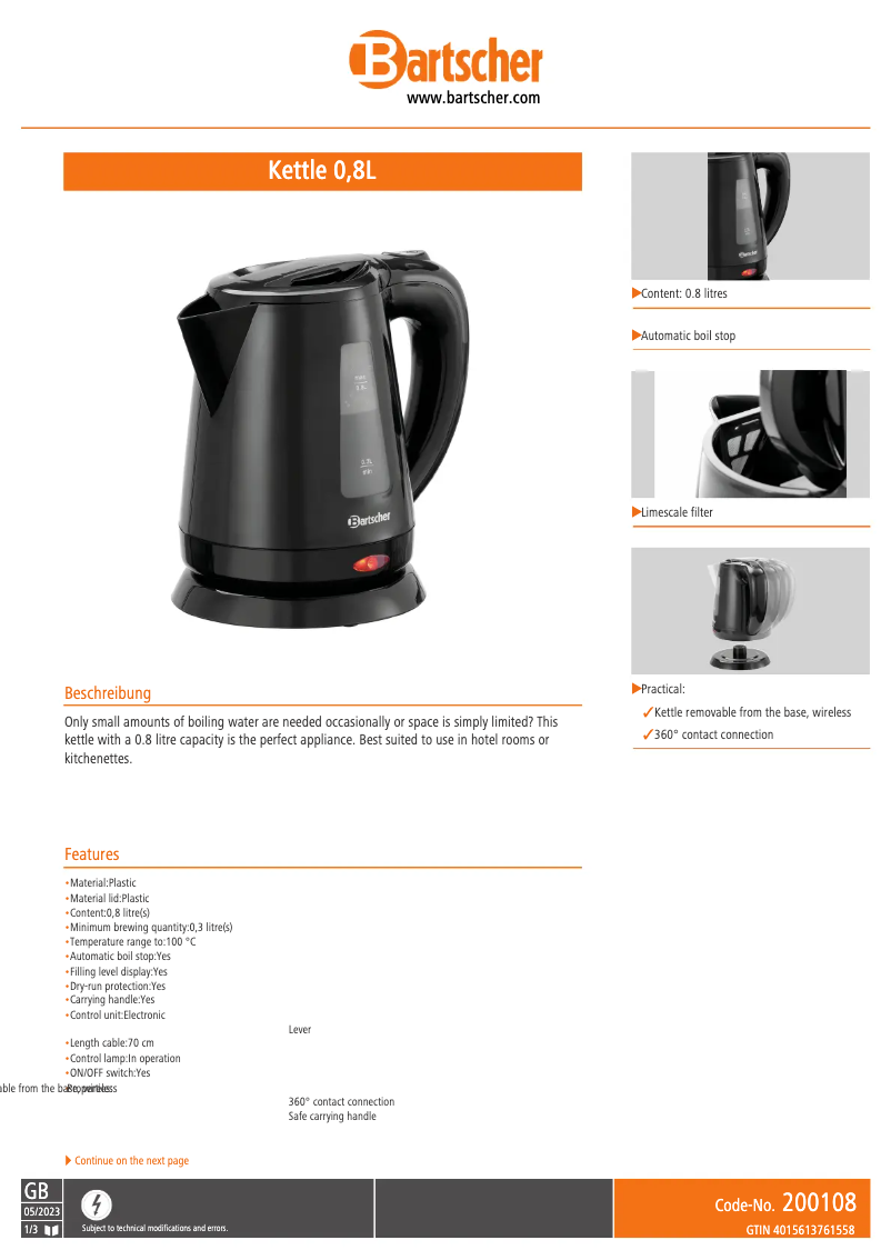 Page n°1 - Fiche technique Bartscher 200108