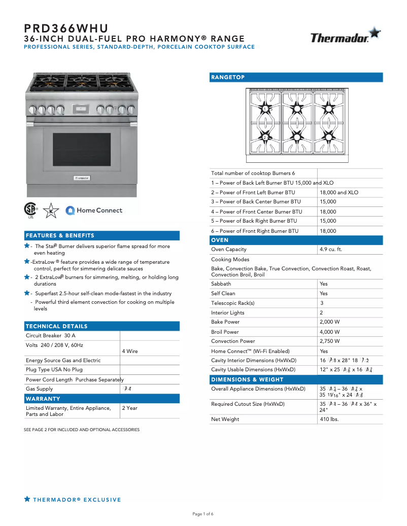 Page n°1 - Fiche technique Thermador PRD366WHU